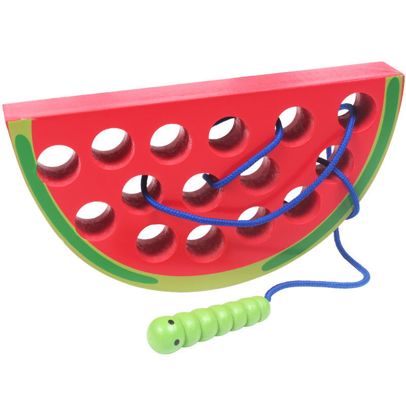 Practicing ability to thread intellectual wooden toys