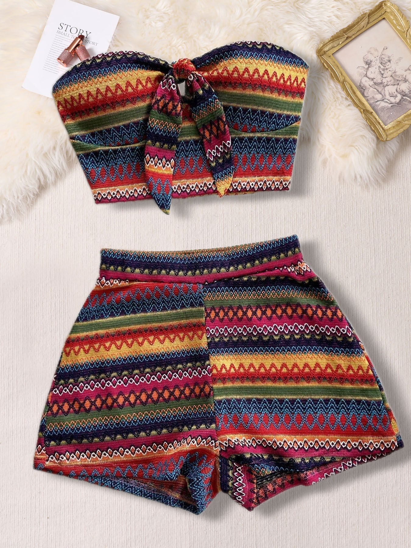 Women's Sexy 2pcs Set Summer Colorful Striped Elastic Suitable For Vacation And Daily Travel