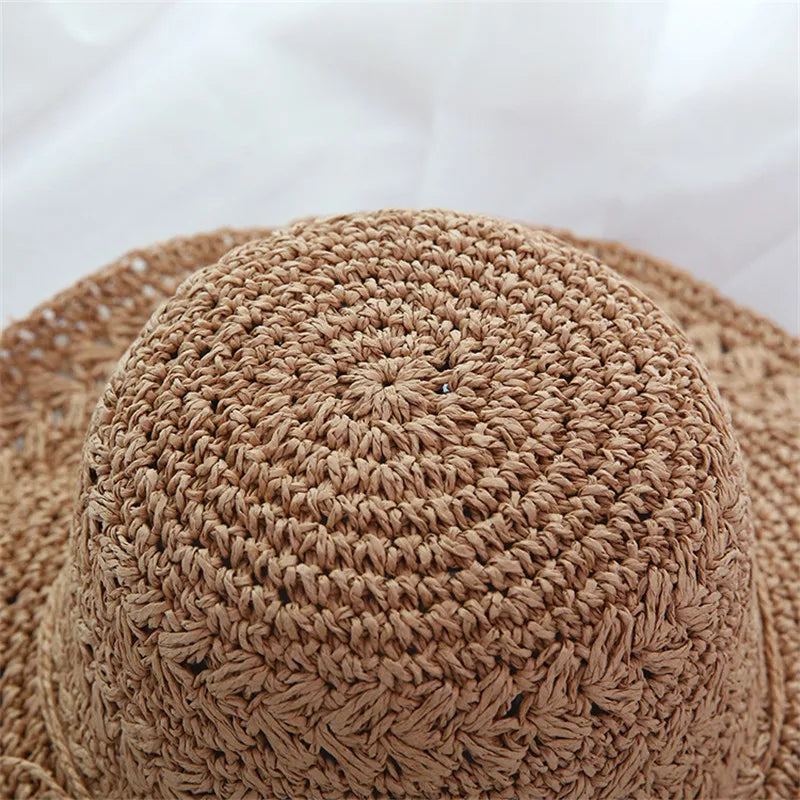 String Bow Floppy Breath Foldable Straw Beach Bucket Hat Wide Floppy Brim UV Sun Protection Caps For Summer Women