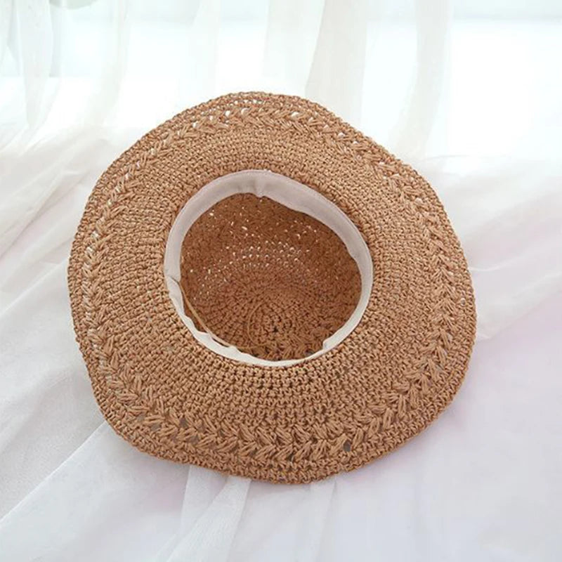 String Bow Floppy Breath Foldable Straw Beach Bucket Hat Wide Floppy Brim UV Sun Protection Caps For Summer Women