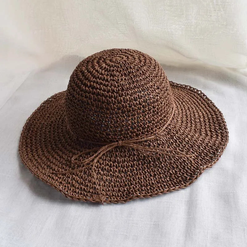 String Bow Floppy Breath Foldable Straw Beach Bucket Hat Wide Floppy Brim UV Sun Protection Caps For Summer Women