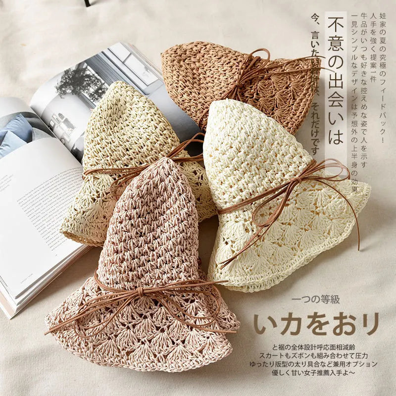 Good Quality Hand Hook Parent-child Straw Sun Hat Women Children's New Bowknot Shade Hat Sunscreen Foldable Beach Hat GH-656