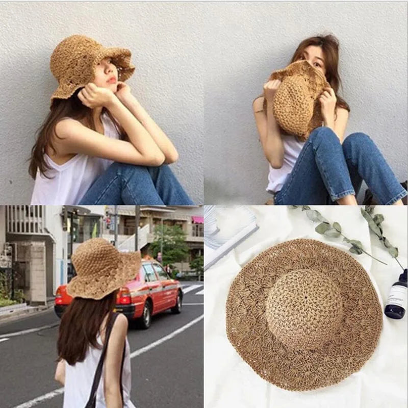 Women Raffia Straw Hat Summer Handmade Floppy Ladies Visor Hat Foldable Panama Beach Anti-UV Sun Hat