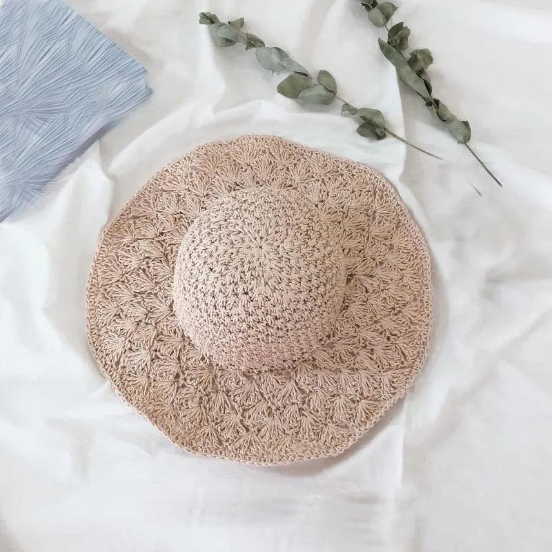 Women Raffia Straw Hat Summer Handmade Floppy Ladies Visor Hat Foldable Panama Beach Anti-UV Sun Hat