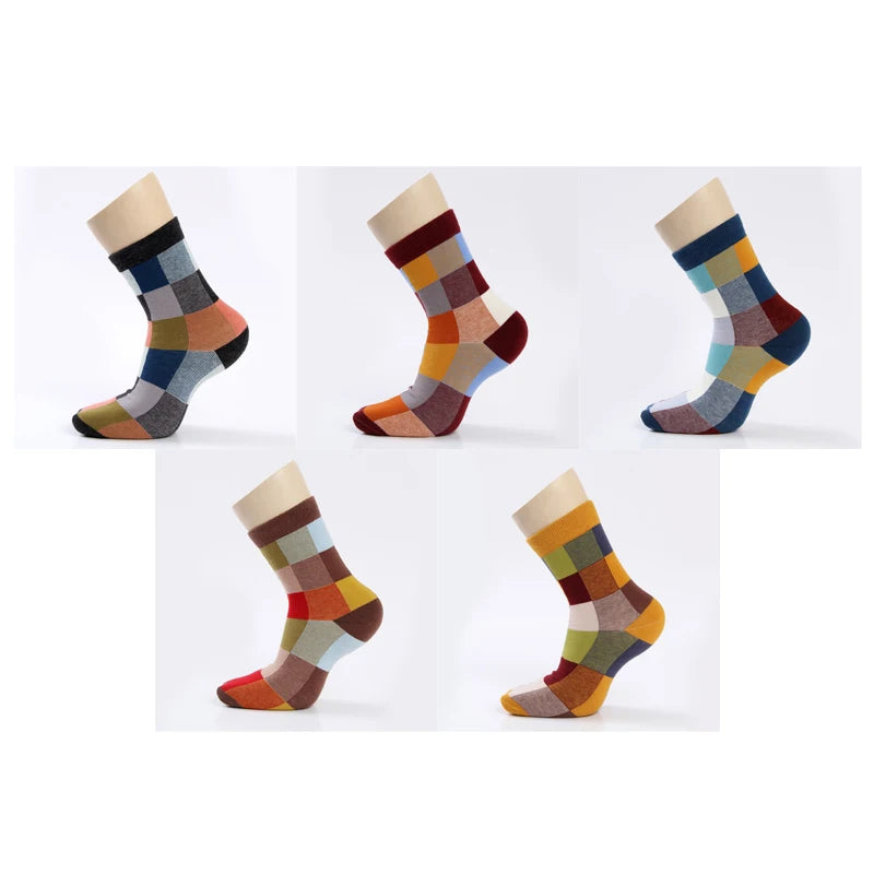 5 Pairs Combed Cotton Men's Socks Compression Socks Fashion Colorful Square Stripe Happy Dress Socks Men Size 39-45