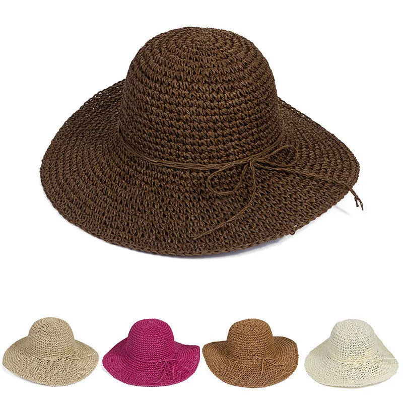 String Bow Floppy Breath Foldable Straw Beach Bucket Hat Wide Floppy Brim UV Sun Protection Caps For Summer Women