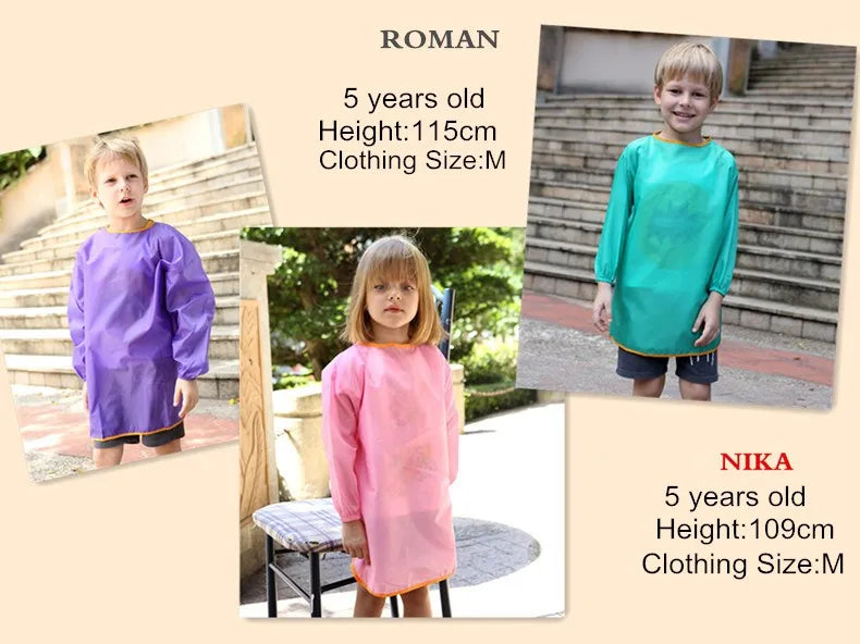 Children Long Sleeve Waterproof Apron for Kid School Art Craft Painting Kitchen Cook Baby Boy Girl Feeding Eat Smock DIY Drawing