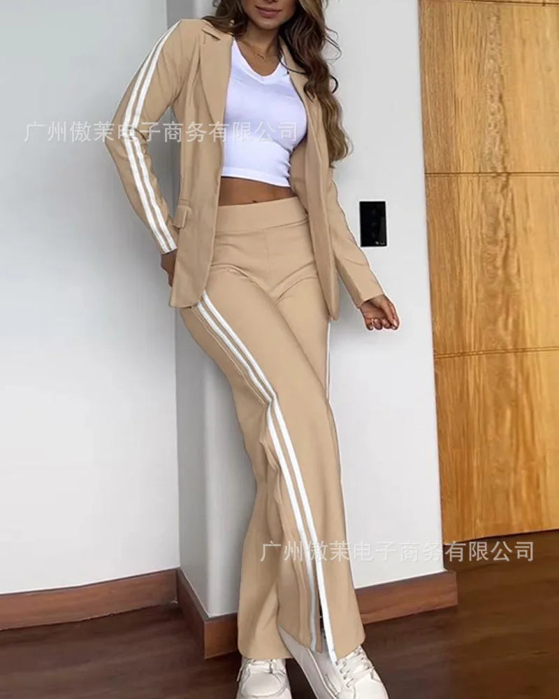 2025 Khaki Side Double Sports Ribbon Splicing Slim Lapel Suit Low Waist Split Straight Pants
