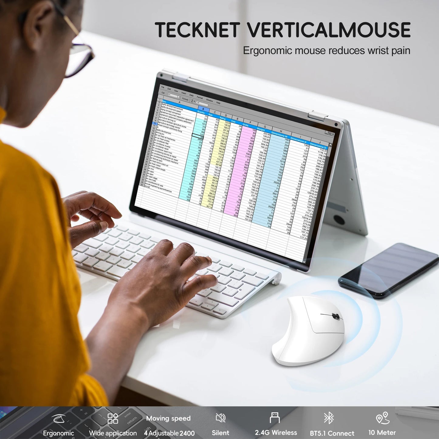 2025 New arrival HXSJ dual mode vertical mouse ergonomic ABS 600mAh rechargeable 2400DPI Type-c interface wireless mouse for pc