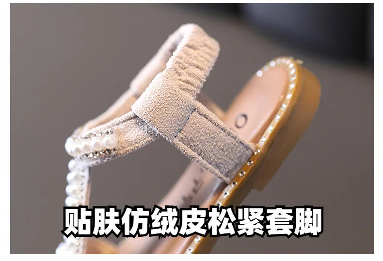Girls Sandals Kids Summer Roman Shoes 2022 Elegant Pearl Rhinestone Party Princess Shoe Flats Non-slip Casual Girl Beach Sandal