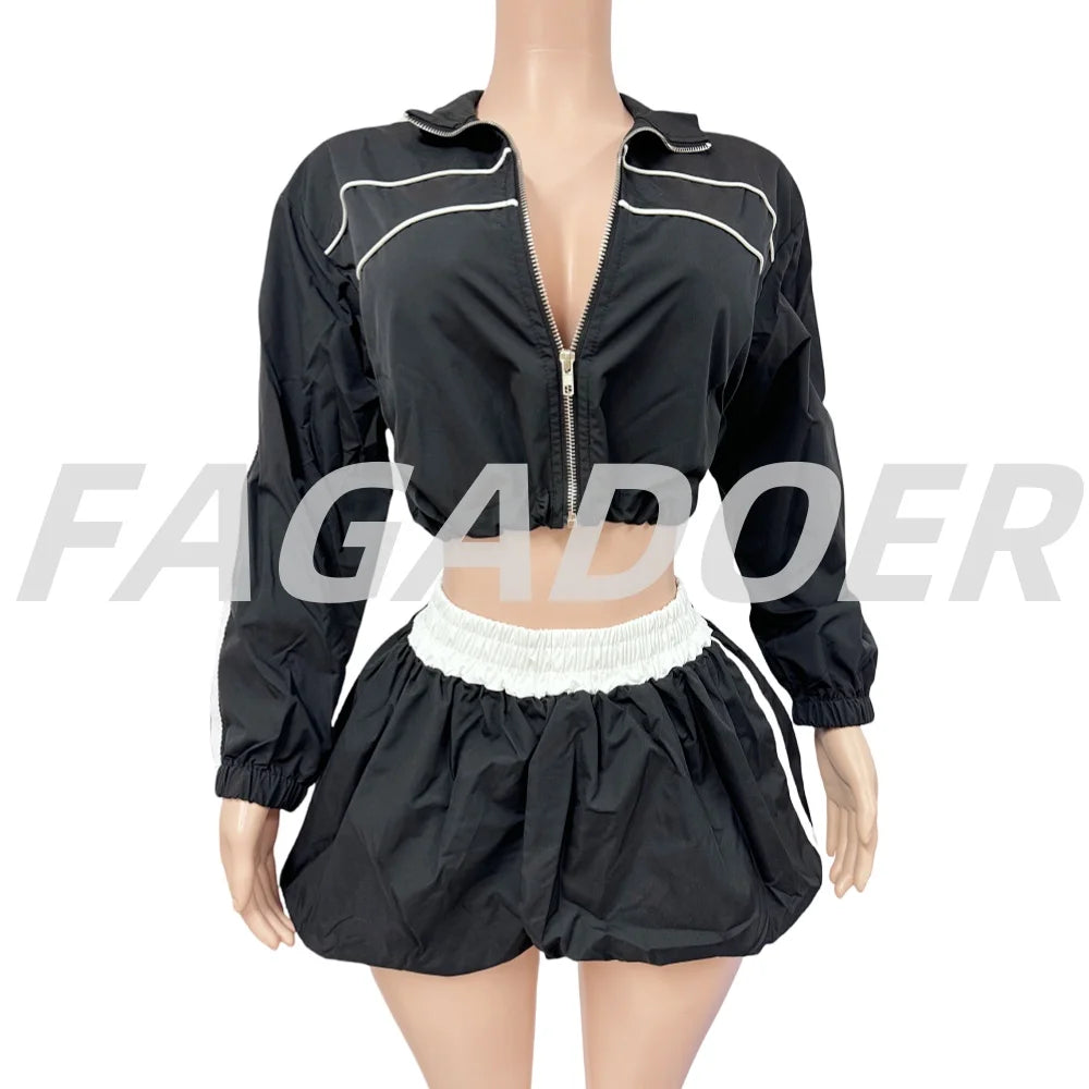 FAGADOER Casual Color Block 2 Pieces Set for Woman Long Sleeve Zipper Crop Jacke and Drawstring Shorts Female Jogger Clothing