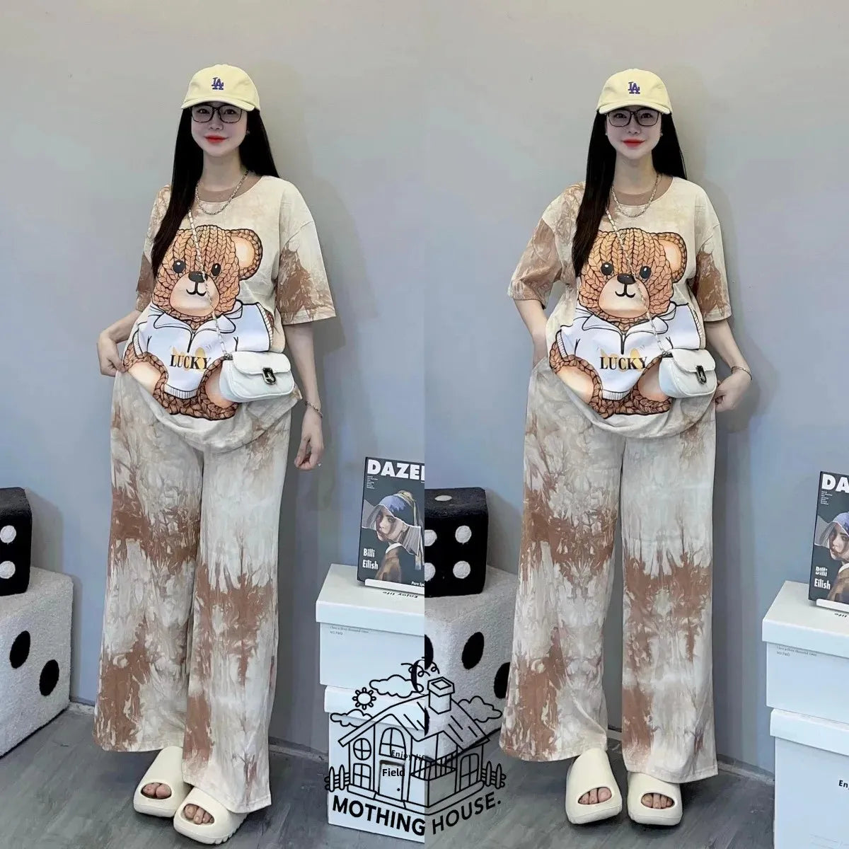 Fashionable Tie-Dye Set Women's Loose Bear Print Short Sleeve Wide Leg Pants Stylish Trendy Two-Piece Summer Outfit