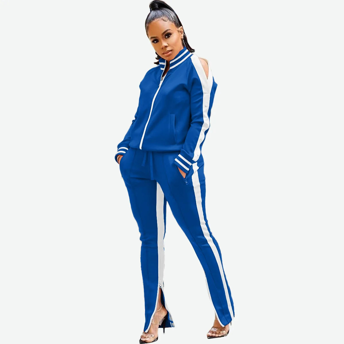 Women Pant Sets Tracksuit Zippers Jackets Striped Stand Collar Coats Pencil Pants Two Pieces Set Sports Casual Patchwork