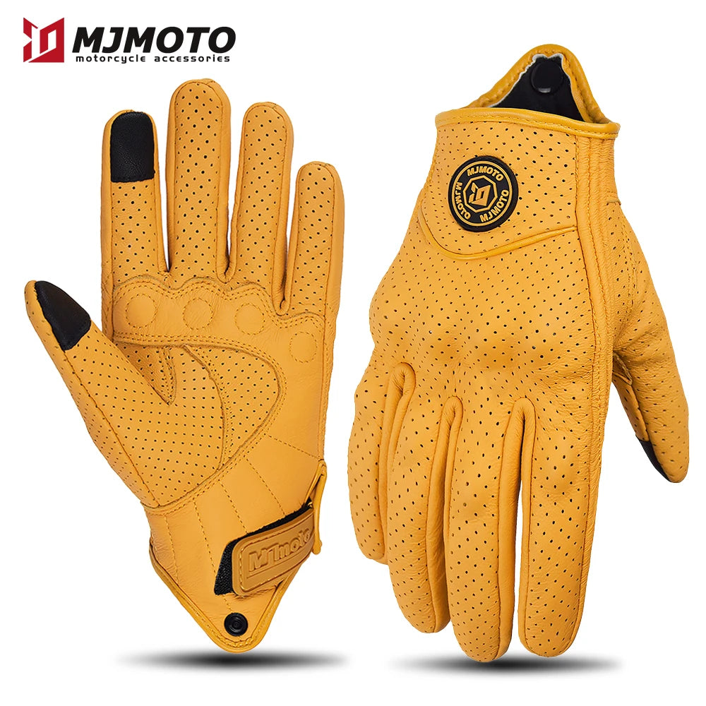 Retro Yellow Leather Motorcycle Gloves Men Women Breathable Perforated Motorbike Racing Gloves Touch Screen Motocross Moto Glove