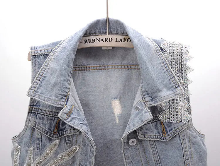 fashion Lace Beaded Denim Vest Women Cardigan 2025 New spring Sleeveless Jacket Fashion Loose Vintage jeans Waistcoat tide R359