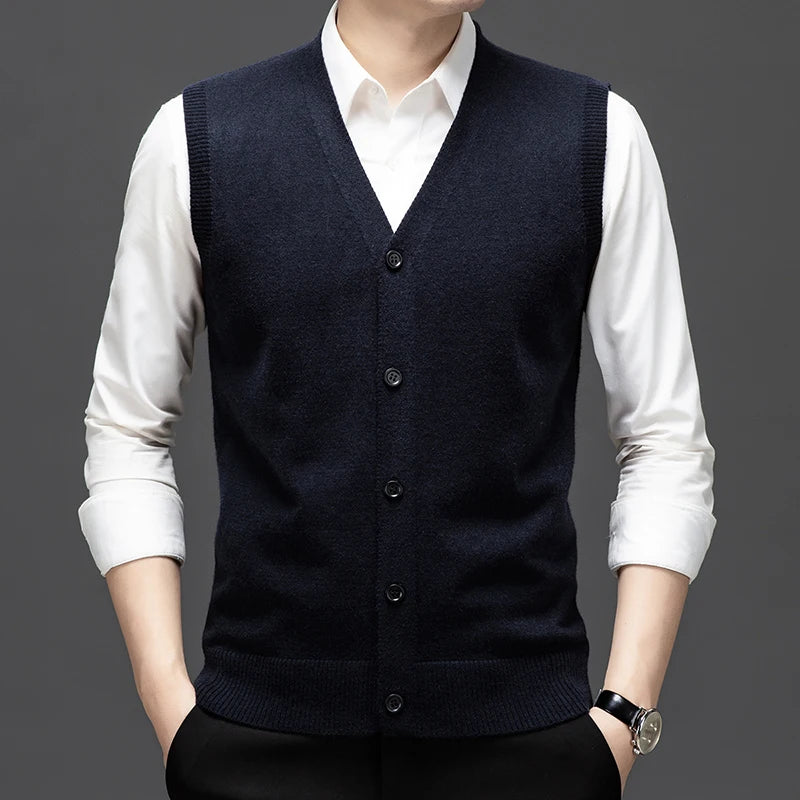 Sweaters Vests for Men Fashion Luxury Single Breasted Pullover Autumn Sleeveless Men Work Sweater Knitted Male Waistcoat Jumper