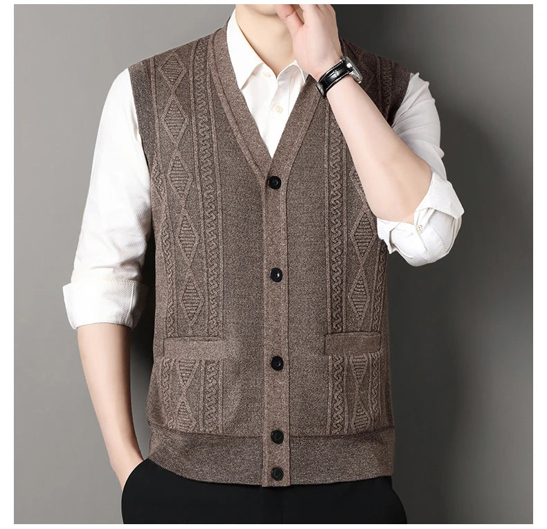 Autumn Winter Mens Vest Casual Sweater Vests Button Up Cardigan Men's V-neck Fashion Knitted Cardigans