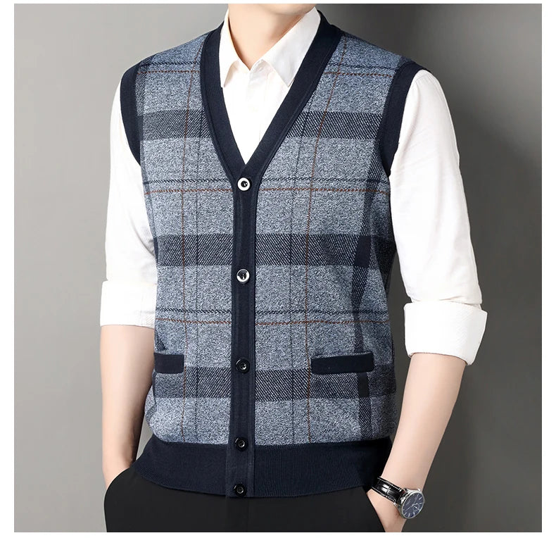 New Men's Sweater Vest Casual Sleeveless Knit Jackets Men Fashion Plaid V-neck Cardigans Man Clothes Knitted Waistcoat