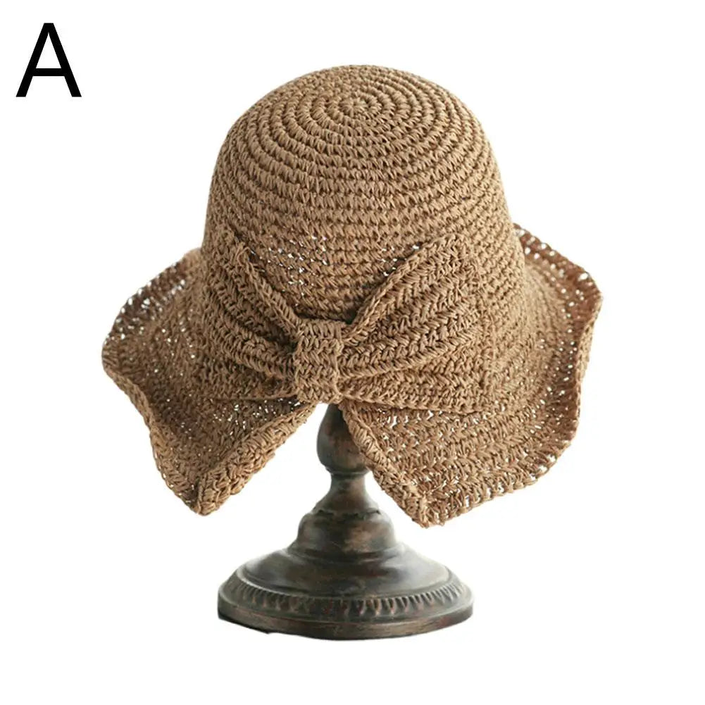 Women's Foldable Straw Sun Hat with Bow Wide Brim Beach Hat for Summer Lightweight Breathable Day Style Sun Protection