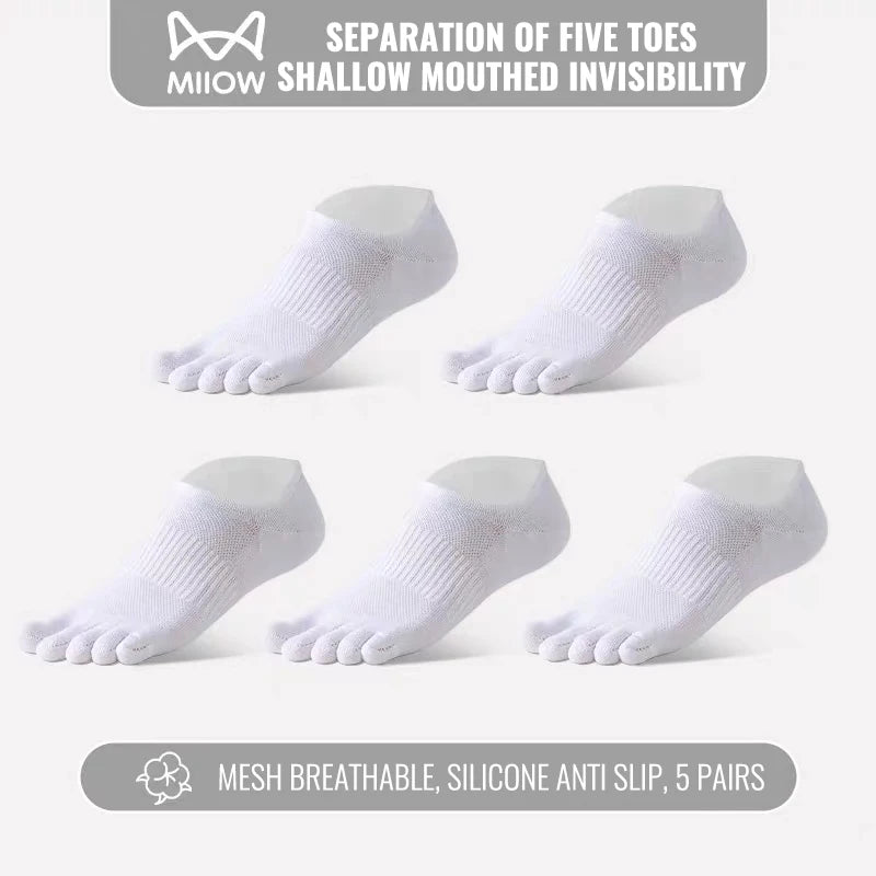 MiiOW Pure Cotton Five Finger Short Socks Men Sweat Absorbent Antibacterial Breathable Mesh Boat Socks Running Sports Toe Sock