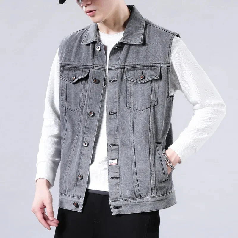 American Style Casual Men's Denim Jacket Loose Cool Retro Workwear Jacket Versatile Leisure Vest for Spring And Autumn