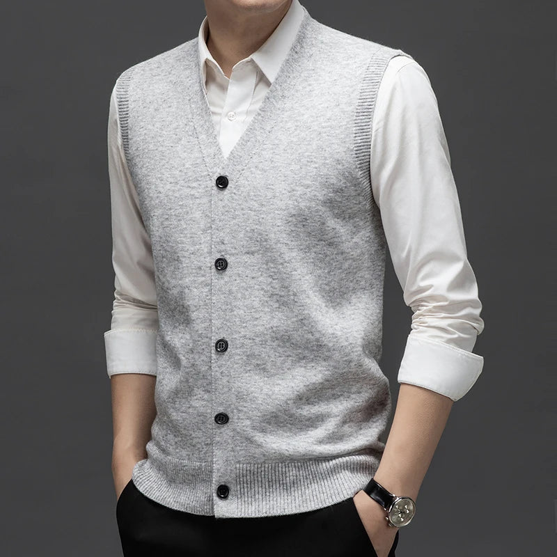 Sweaters Vests for Men Fashion Luxury Single Breasted Pullover Autumn Sleeveless Men Work Sweater Knitted Male Waistcoat Jumper