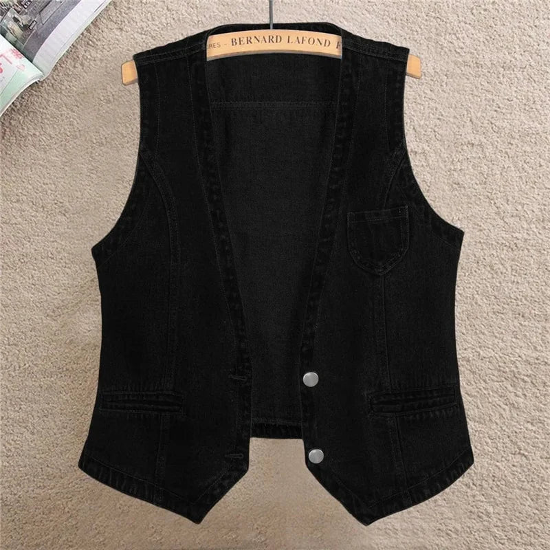 Fashion Denim Vest Female Streetwear V Neck Women Vest Summer Large Size Waistcoat Jeans Tops Sleevless Jacket Chaleco Mujer 6XL