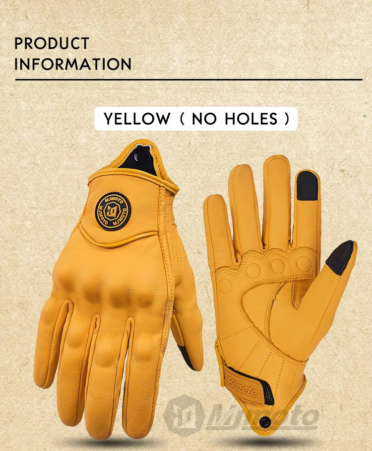 Retro Yellow Leather Motorcycle Gloves Men Women Breathable Perforated Motorbike Racing Gloves Touch Screen Motocross Moto Glove