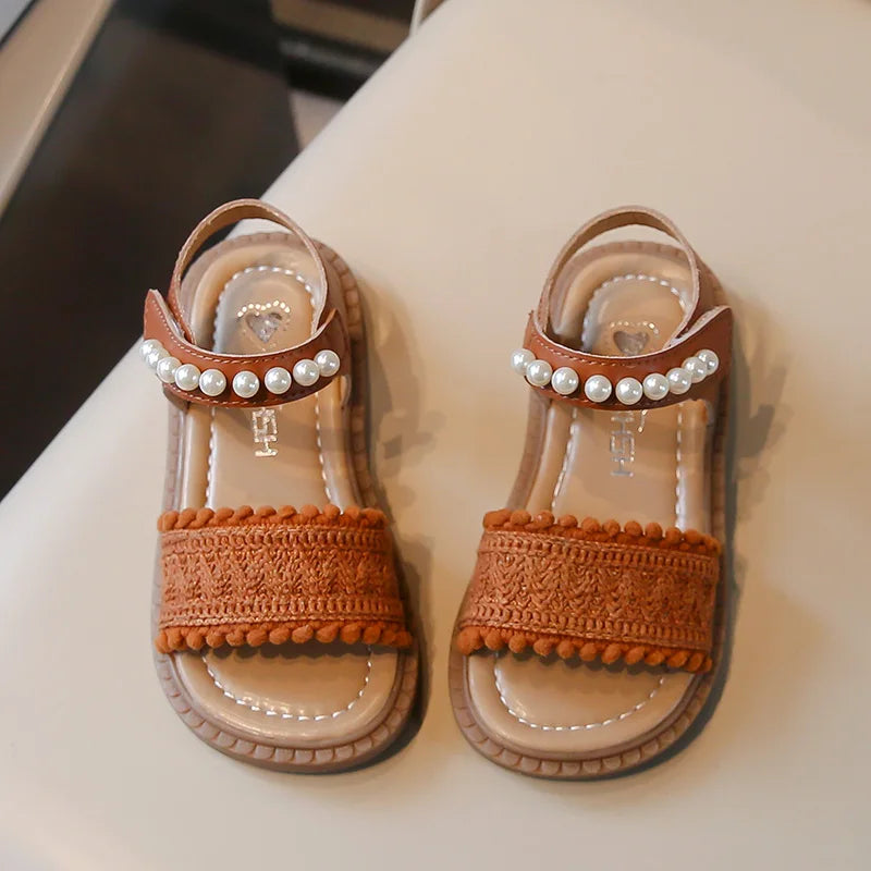 Unishuni Girls Sandals Princess One-Strap Summer Shoes Child Soft Skin-Friendly Cloth Sandal Kids Lace Pearl Bohemia Beach Flats