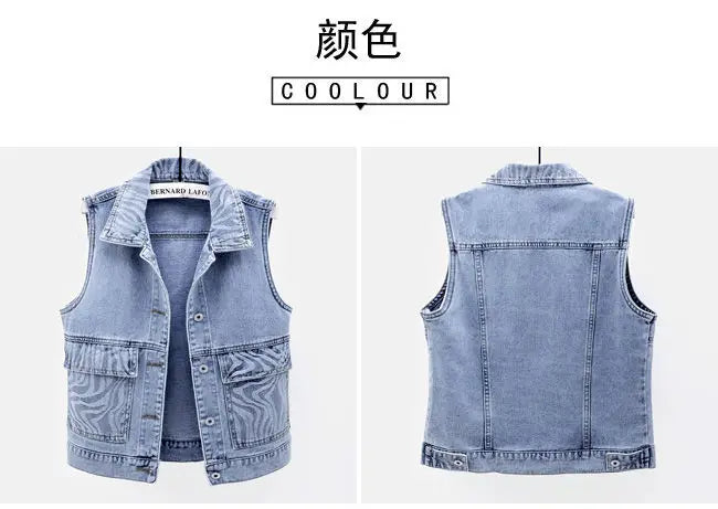 Women's Denim Vest Jacket 2025 Spring Autumn Stripe Splicing Short Jean Waistcoat Casual Tops Sleeveless Outerwear