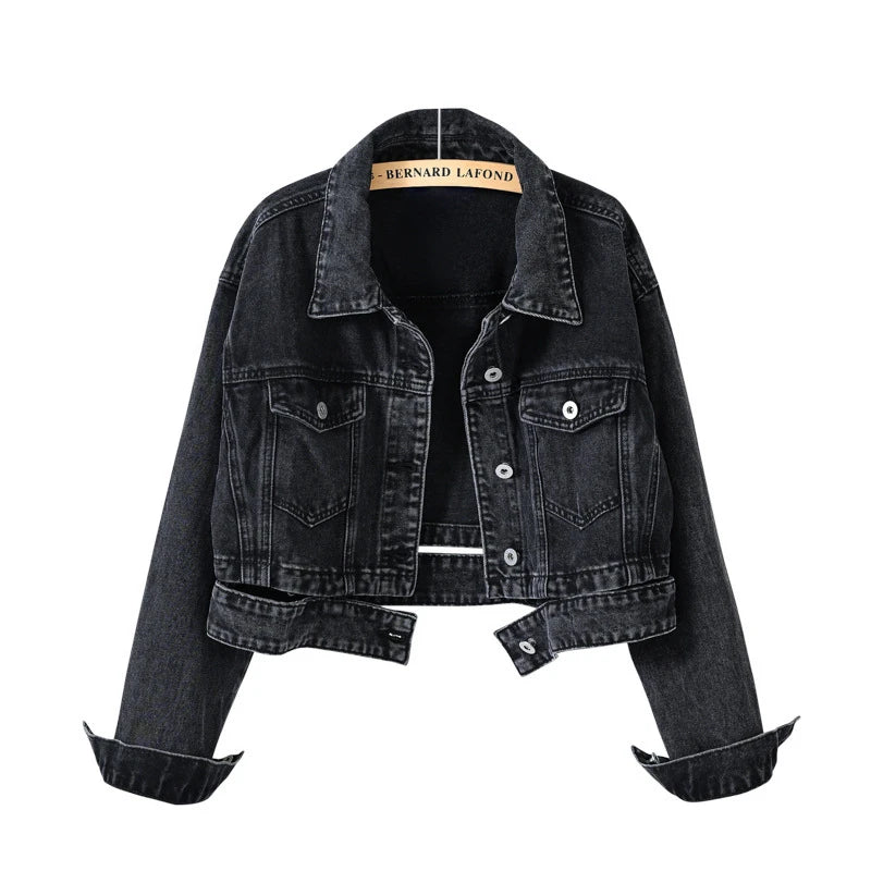 Women's Shorts Denim Jacket Fashion Casual Coat Black Lapel Single-breasted Long-sleeved Female Overcoat S M L XL XXL XXXL