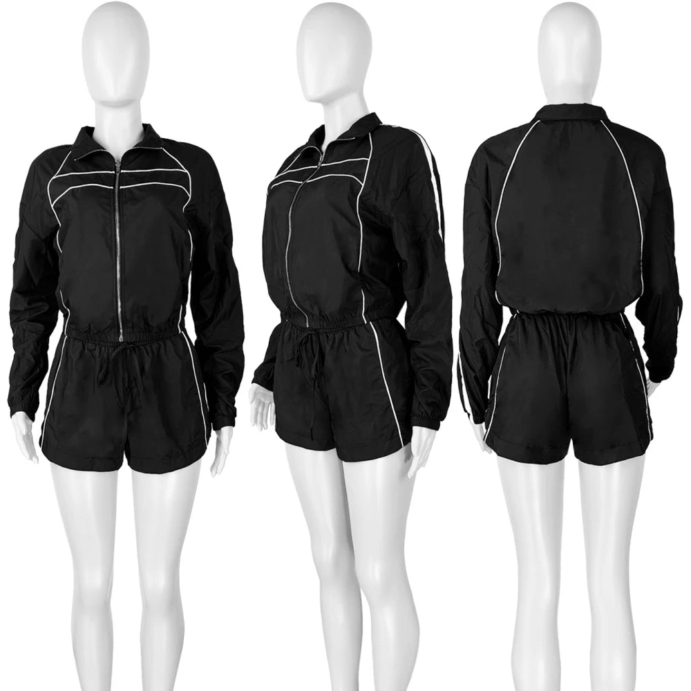 FAGADOER Casual Color Block 2 Pieces Set for Woman Long Sleeve Zipper Crop Jacke and Drawstring Shorts Female Jogger Clothing