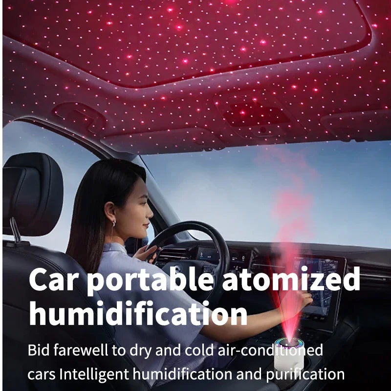 Car Air Humidifier with Starry Sky Lights Mini Aromatherapy Essential Oil Ultrasonic Diffuser Color Night Light Humidifier