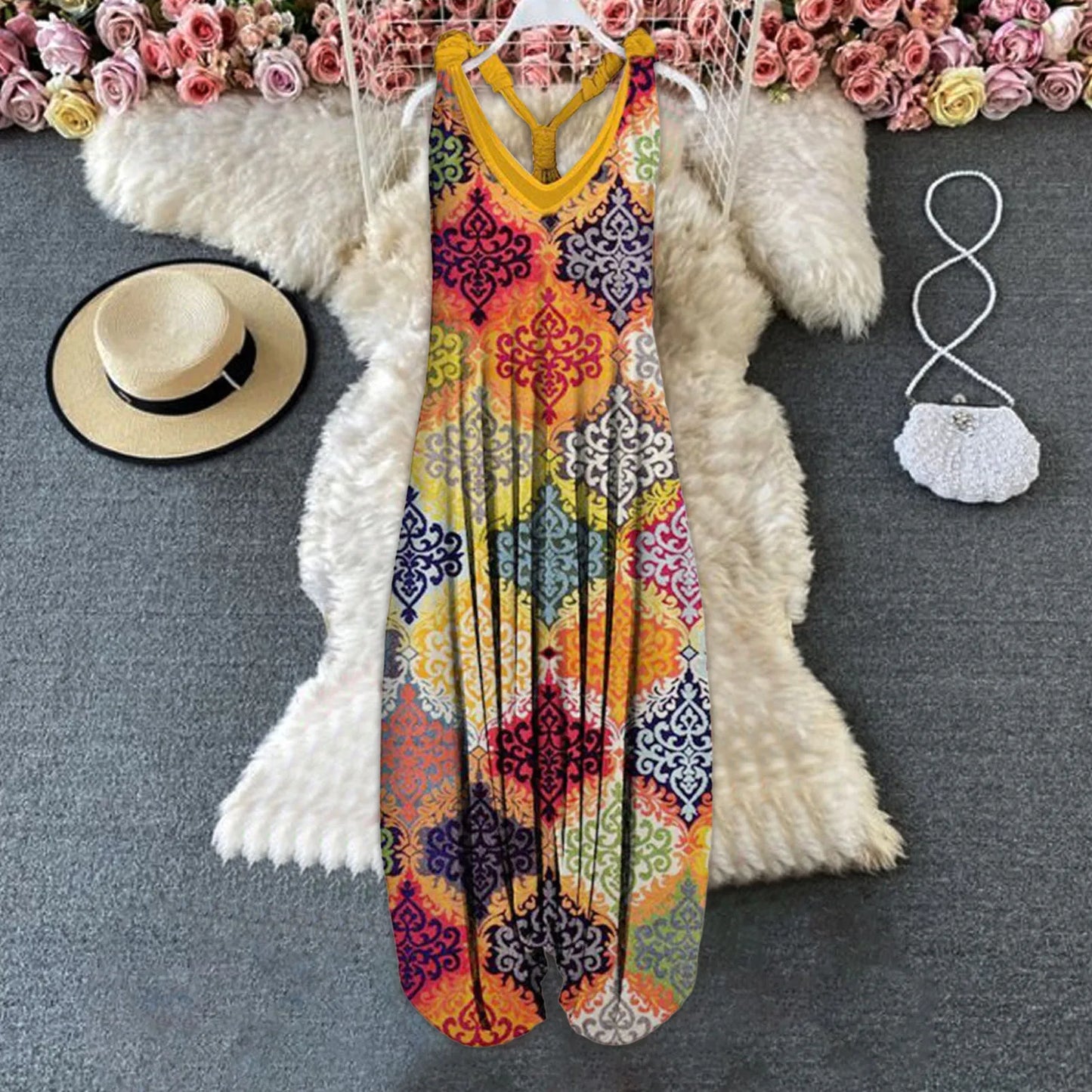 Vintage Womens Summer Playsuit Romper Jumpsuit Ladies Sleeveless Casual Floral Print Elegant High Waist Jumpsuits Комбинезоны