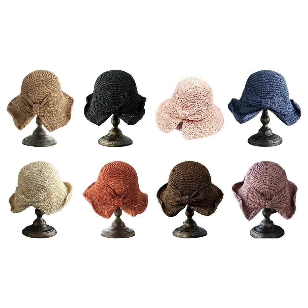 Women's Foldable Straw Sun Hat with Bow Wide Brim Beach Hat for Summer Lightweight Breathable Day Style Sun Protection