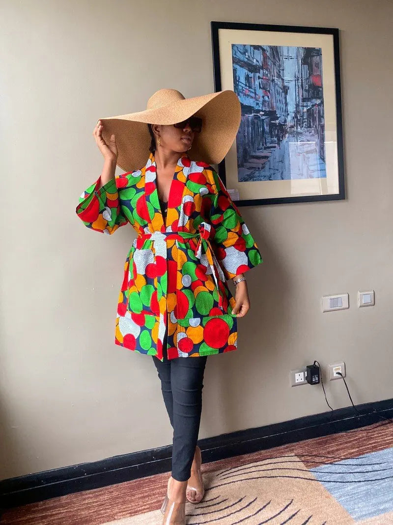 African Printing Dress Women's Fashion Kimono Cardigan Coat Dashiki Geometric Belt Dress Plus Size Retro African Christmas Robe