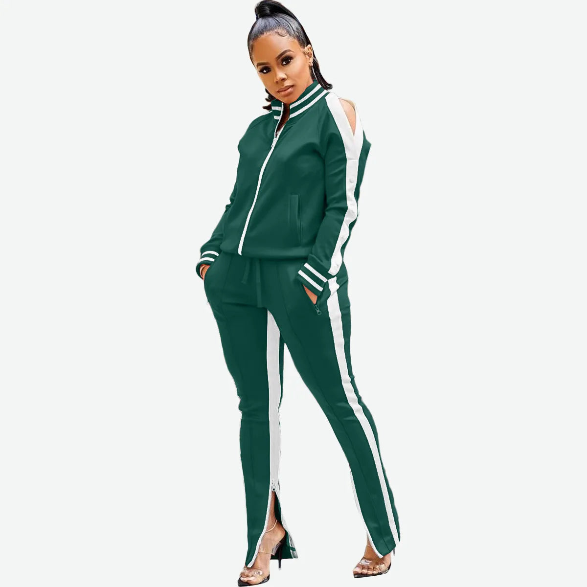 Women Pant Sets Tracksuit Zippers Jackets Striped Stand Collar Coats Pencil Pants Two Pieces Set Sports Casual Patchwork