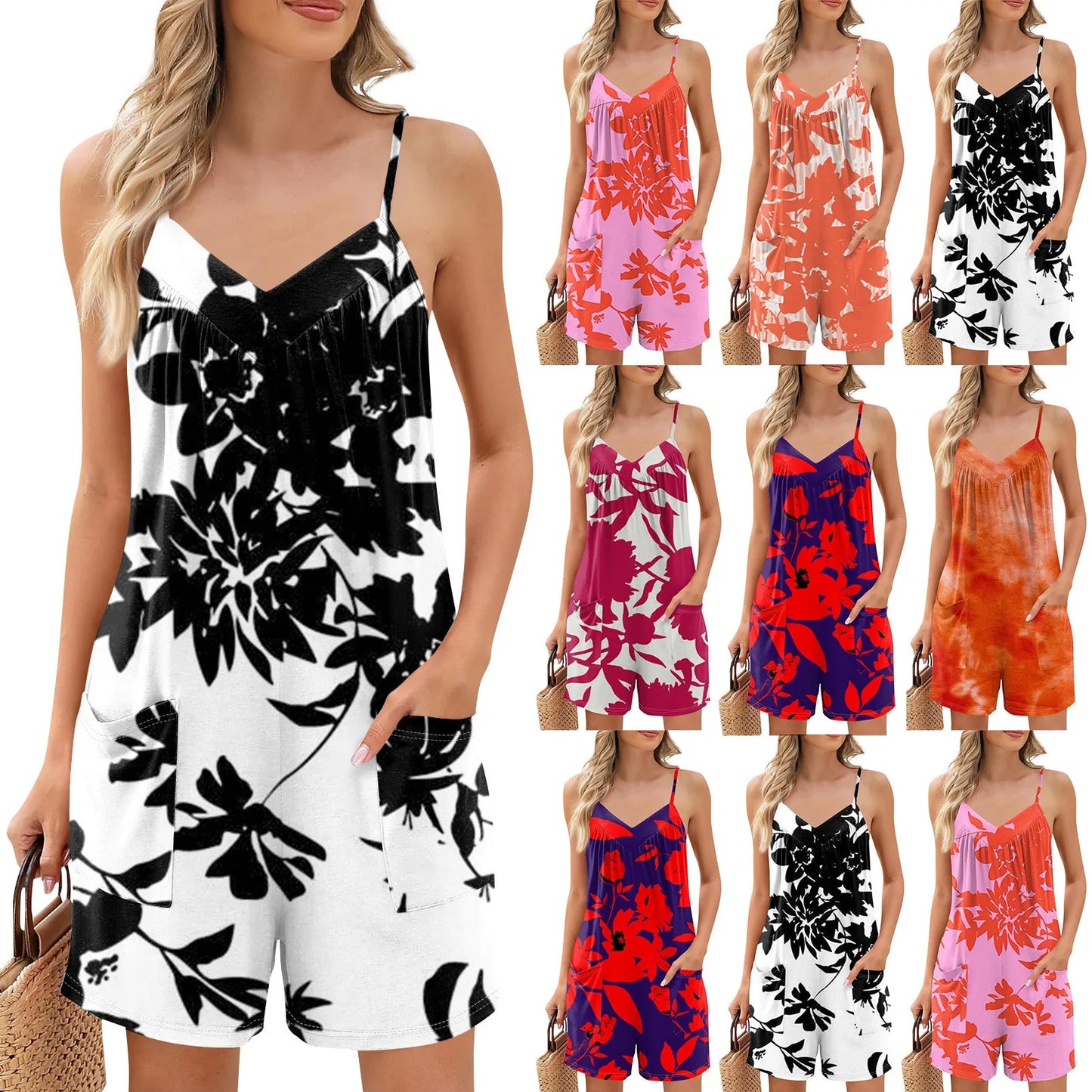 Summer Beautiful Colourful Floral Printing Daily Streetwear Playsuit Fashionable Casual Sleeveless Jumpsuit Shorts With Pockets