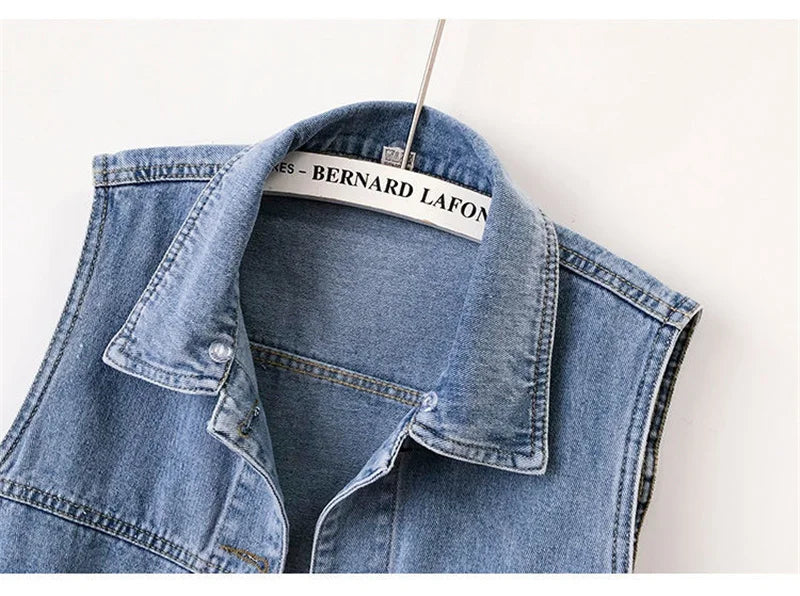 New Women Denim Vest Jackets Spring Autumn Pocket Hooded Short Jean Waistcoat Sleeveless Jacket Outerwear Female Casual Top 5XL