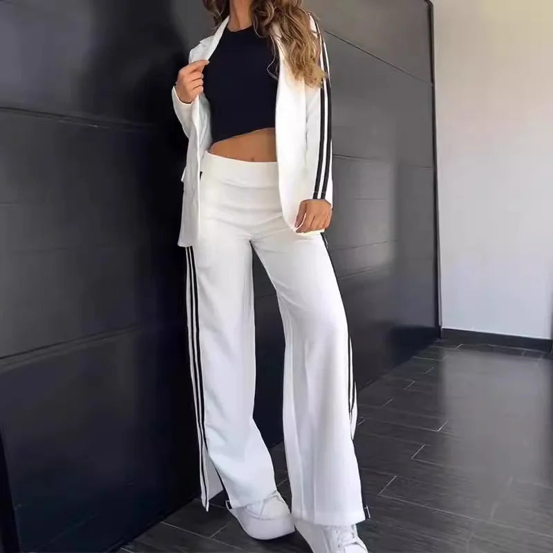 Women 2 Piece Sets Suit Jacket Wide Leg Pants Turn Down Collar Pockets Striped Blazer Coat Trousers 2025 Office Lady Outfits