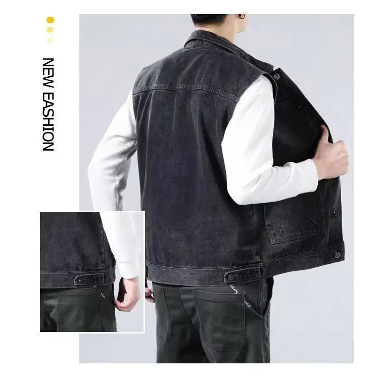 Loose Men's Denim Vest Spring Autumn American Retro Style Sleeveless Workwear Jacket Casual Trendy Brand Outerwear