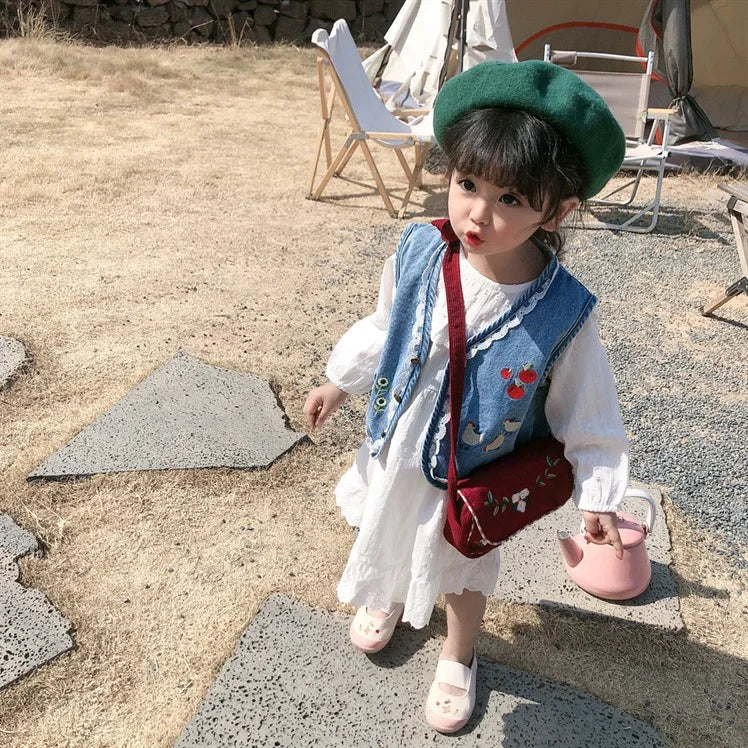 Baby and Girls Sweet Embroidered Work Single-Breasted Denim Vest Jackets School Kids Waistcoat Child Outfit Tops For 1-10 Yr