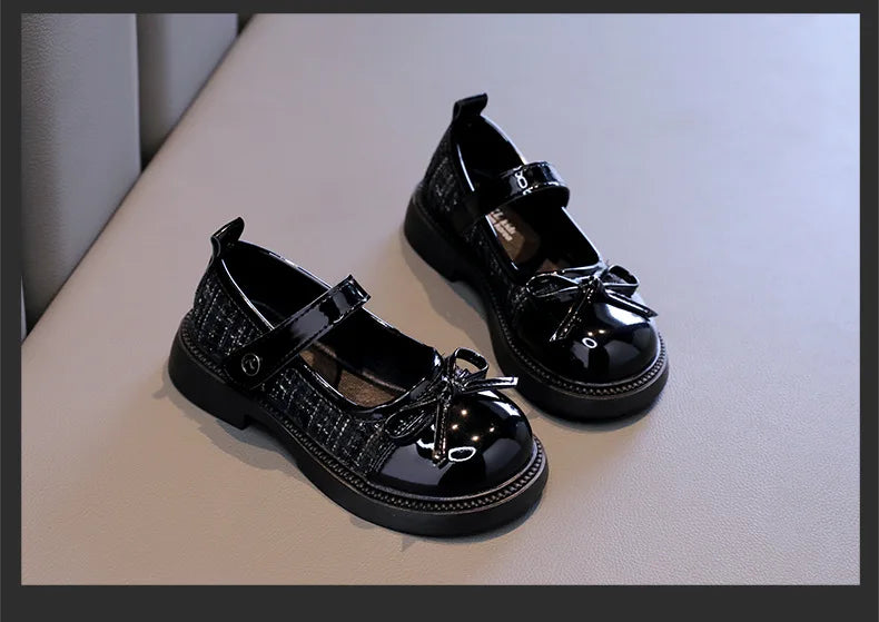 Butterfly Knot Anti Slip Round Toe Girls Leather Shoes Spring Autumn Outdoor PU Sweet Princess Leather Shoes Sandalias De Mujer