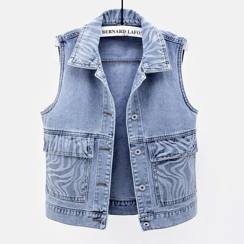 Women's Denim Vest Jacket 2025 Spring Autumn Stripe Splicing Short Jean Waistcoat Casual Tops Sleeveless Outerwear