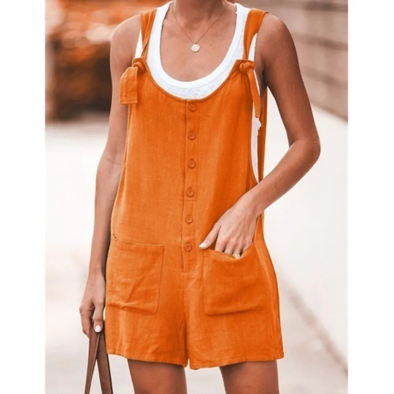 Summer Women's Solid Round Neck Pocket Loose Jumpsuit Shorts Bodys Mujer Black Romper Clothes Y2k 2024 Bodysuit Negro