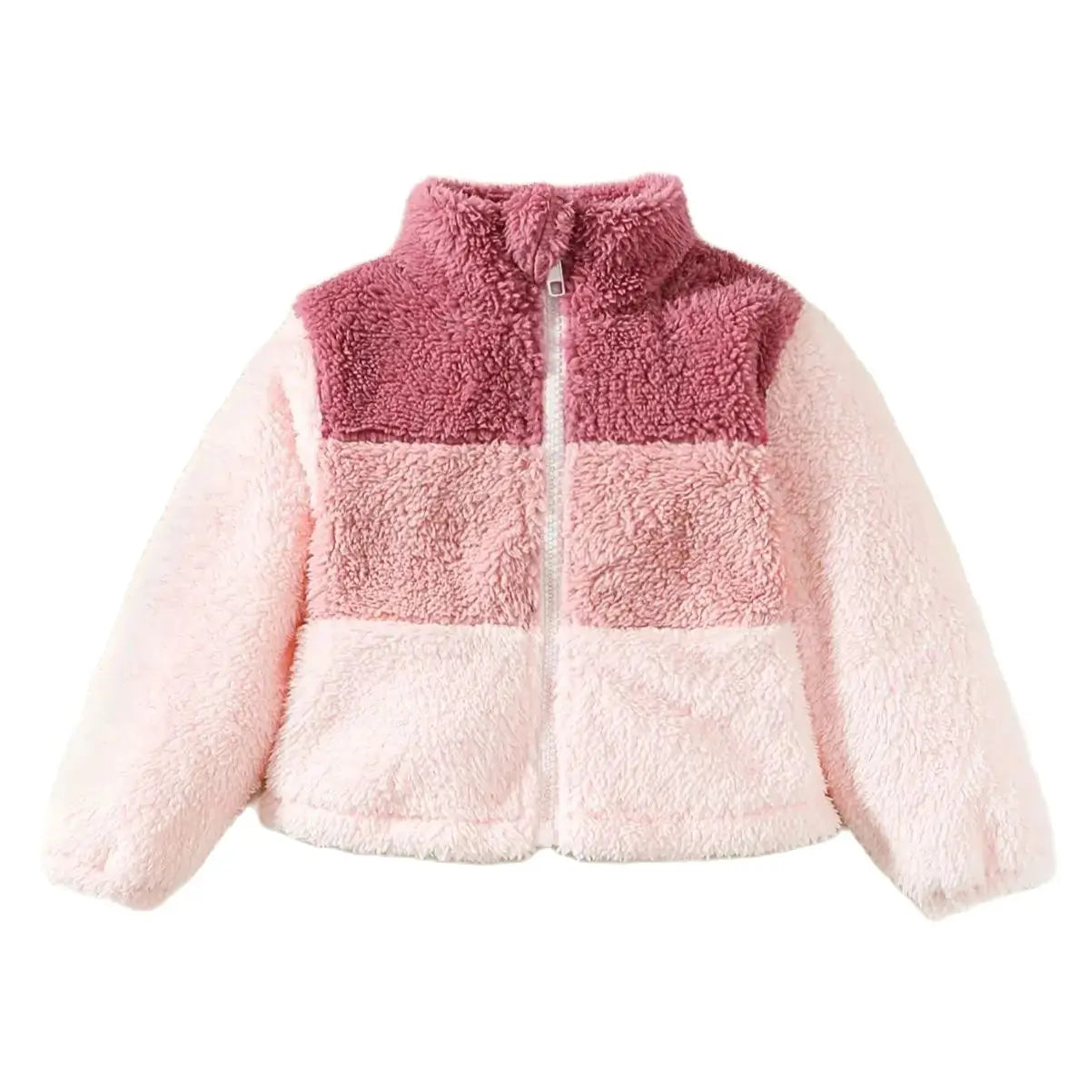 2-8 Years Kids Girl Plush Overcoat Long Sleeves Lapel Zippered Coat for Winter Outdoor Wear Fashion Color Blocking Warm Top