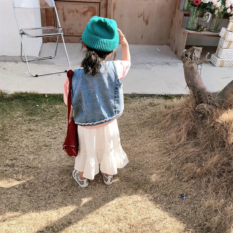 Baby and Girls Sweet Embroidered Work Single-Breasted Denim Vest Jackets School Kids Waistcoat Child Outfit Tops For 1-10 Yr
