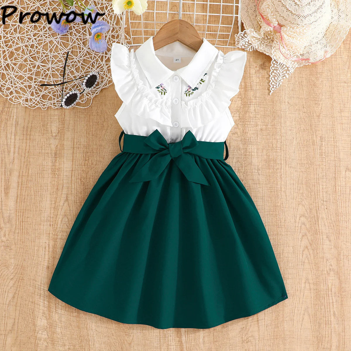 Prowow Lady Girl's Dresses Sleeveless Embroidery Floral Lotus Dress Turn-Down Collar Patchwork Shirt Dress For Girls With Belt