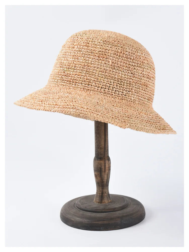 Natural Raffia Designer Beach Sun Hat for Women Handmade Crochet Straw Hat Ladies Spring Summer Bucket Hat Floppy Fisherman Cap