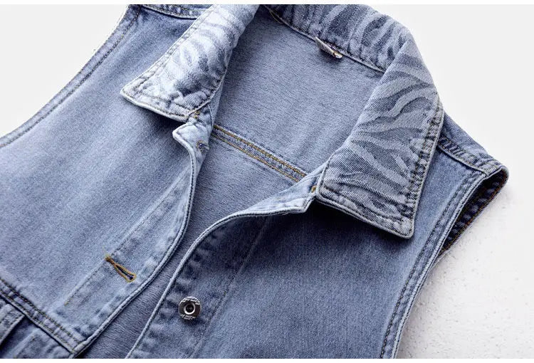 Women's Denim Vest Jacket 2025 Spring Autumn Stripe Splicing Short Jean Waistcoat Casual Tops Sleeveless Outerwear
